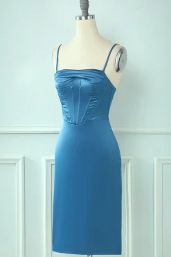 Cintas de espaguete azul vestido de hoco apertado