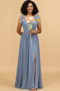 Cintas de espaguete azul cinza longo chiffon vestido de dama de honra com fenda
