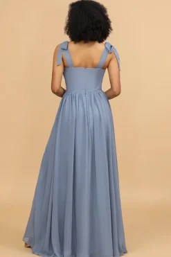 Cintas de espaguete azul cinza longo chiffon vestido de dama de honra com fenda