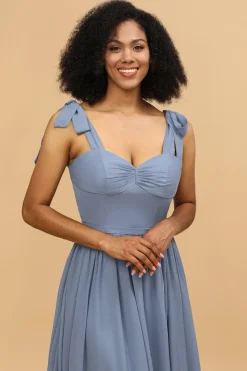 Cintas de espaguete azul cinza longo chiffon vestido de dama de honra com fenda