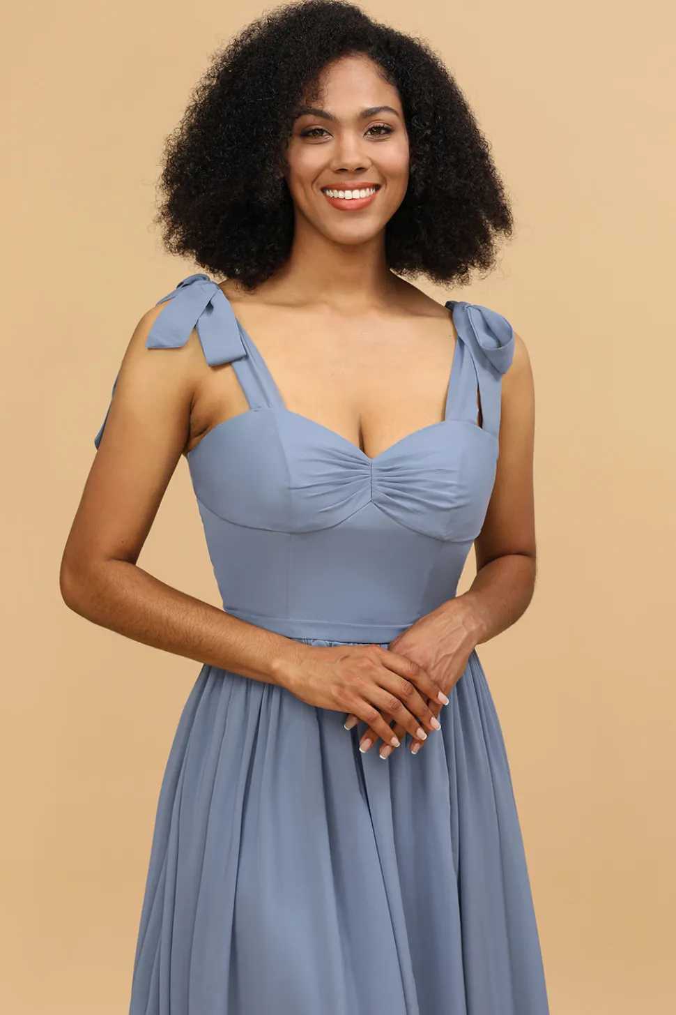 Cintas de espaguete azul cinza longo chiffon vestido de dama de honra com fenda