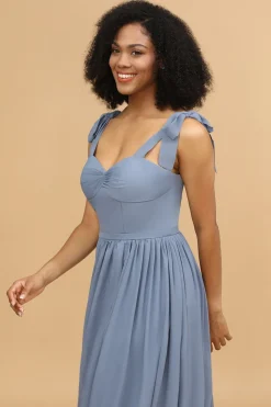 Cintas de espaguete azul cinza longo chiffon vestido de dama de honra com fenda