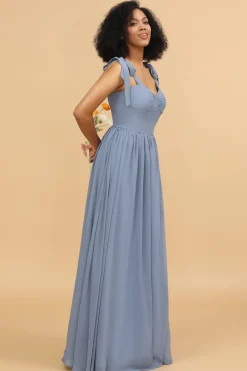 Cintas de espaguete azul cinza longo chiffon vestido de dama de honra com fenda