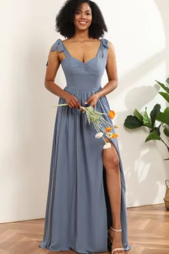 Cintas de espaguete azul cinza longo chiffon vestido de dama de honra com fenda