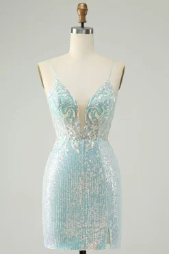 Cintas de espaguete azul brilhante apertado curto homecoming vestido com fenda