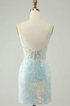 Cintas de espaguete azul brilhante apertado curto homecoming vestido com fenda