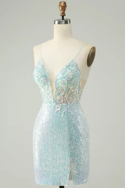 Cintas de espaguete azul brilhante apertado curto homecoming vestido com fenda