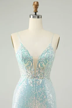Cintas de espaguete azul brilhante apertado curto homecoming vestido com fenda