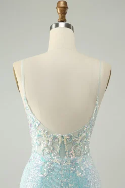 Cintas de espaguete azul brilhante apertado curto homecoming vestido com fenda