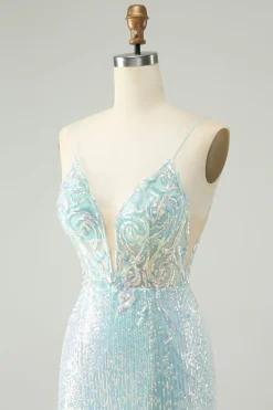 Cintas de espaguete azul brilhante apertado curto homecoming vestido com fenda