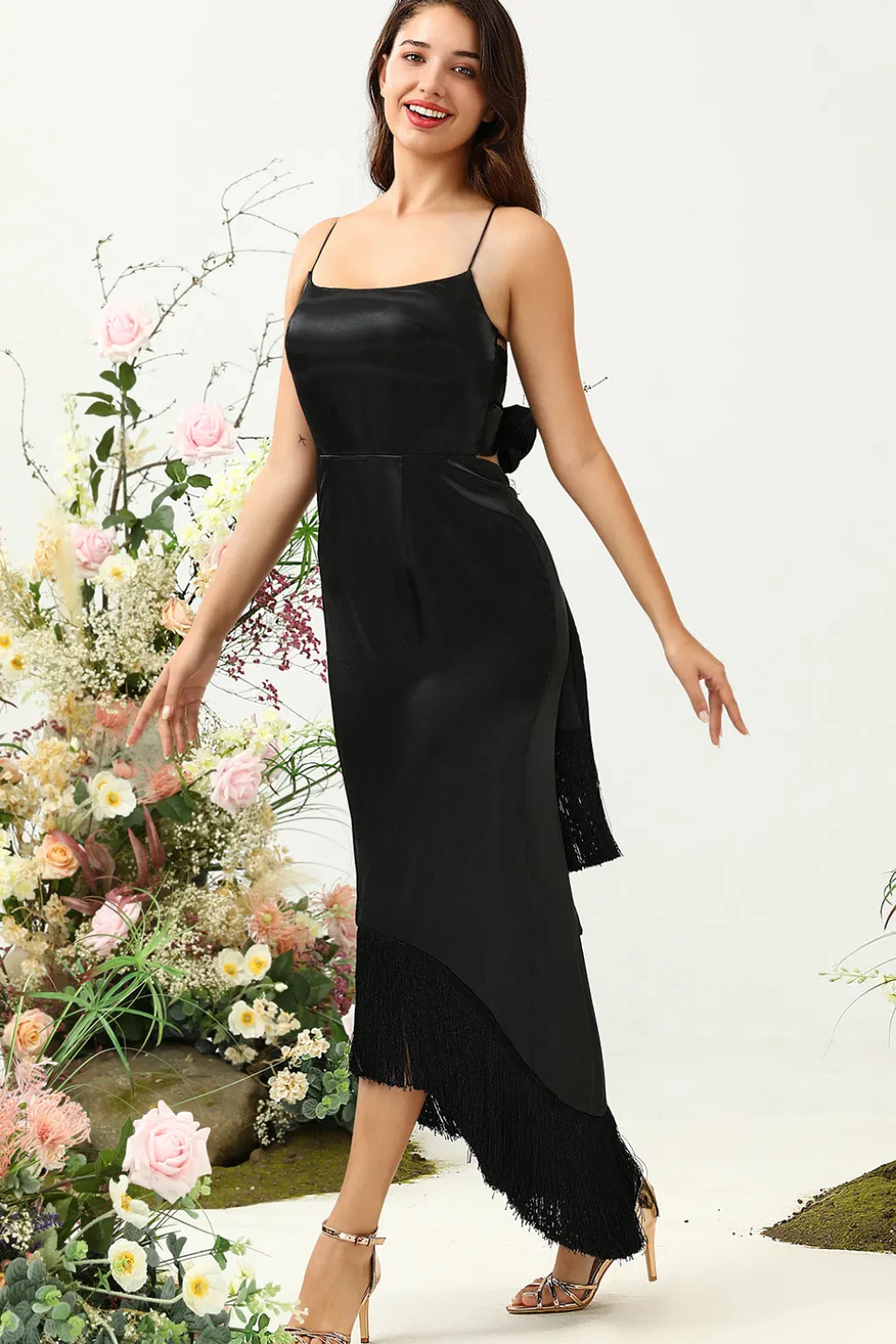 Cintas de Espaguete Chá Preto Vestido de Baile