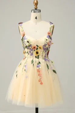 Cintas de Espaguete Champanhe Vestido Curto com Apliques