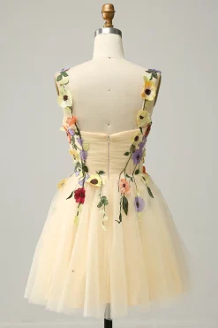 Cintas de Espaguete Champanhe Vestido Curto com Apliques