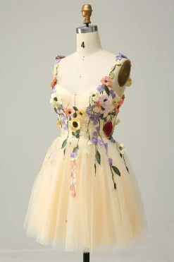 Cintas de Espaguete Champanhe Vestido Curto com Apliques