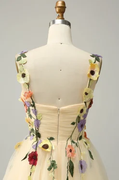 Cintas de Espaguete Champanhe Vestido Curto com Apliques