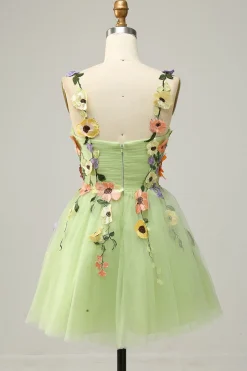 Cintas de Espaguete Champanhe Vestido Curto com Apliques