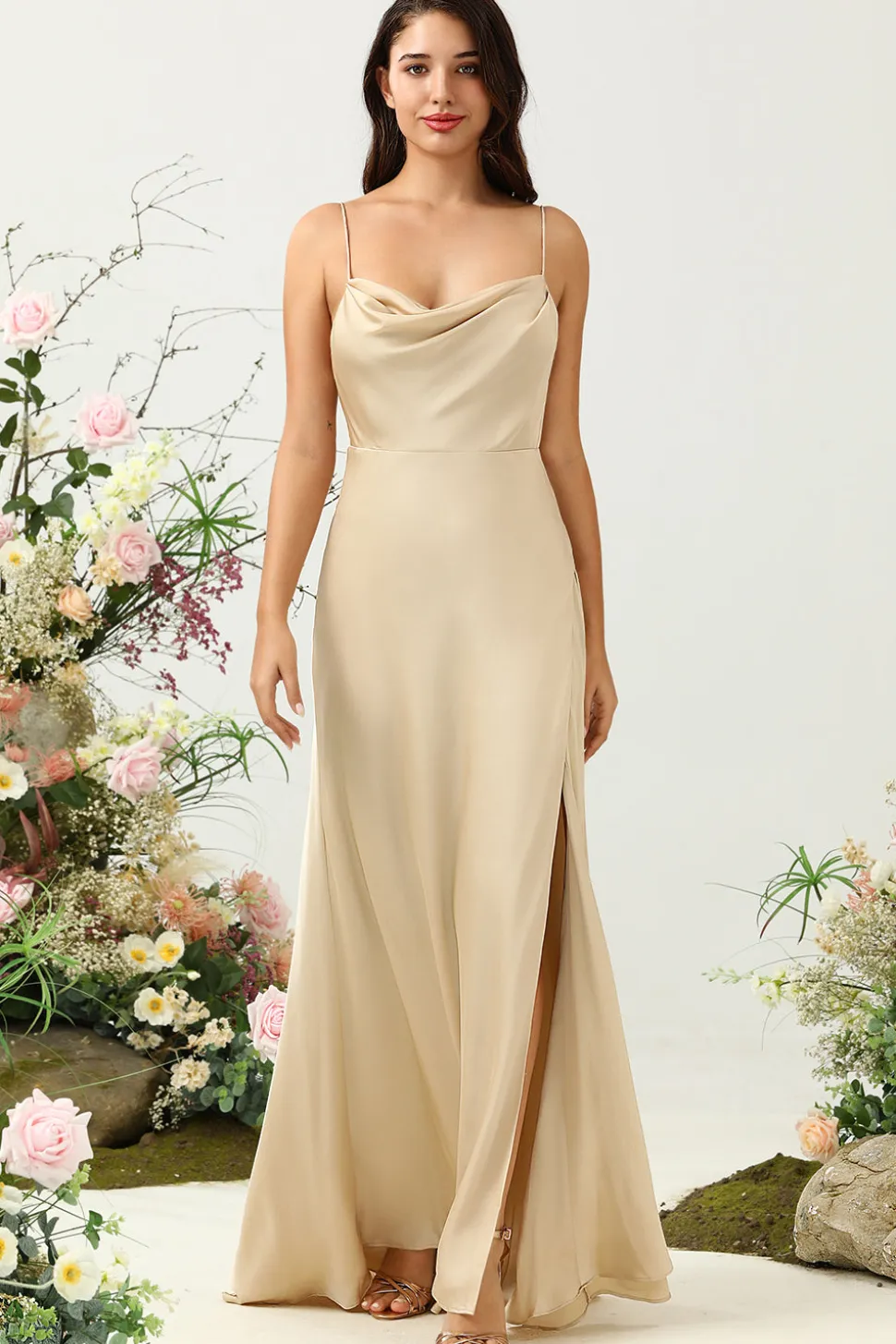 Cintas de Espaguete Champanhe Vestido de Dama de Honor