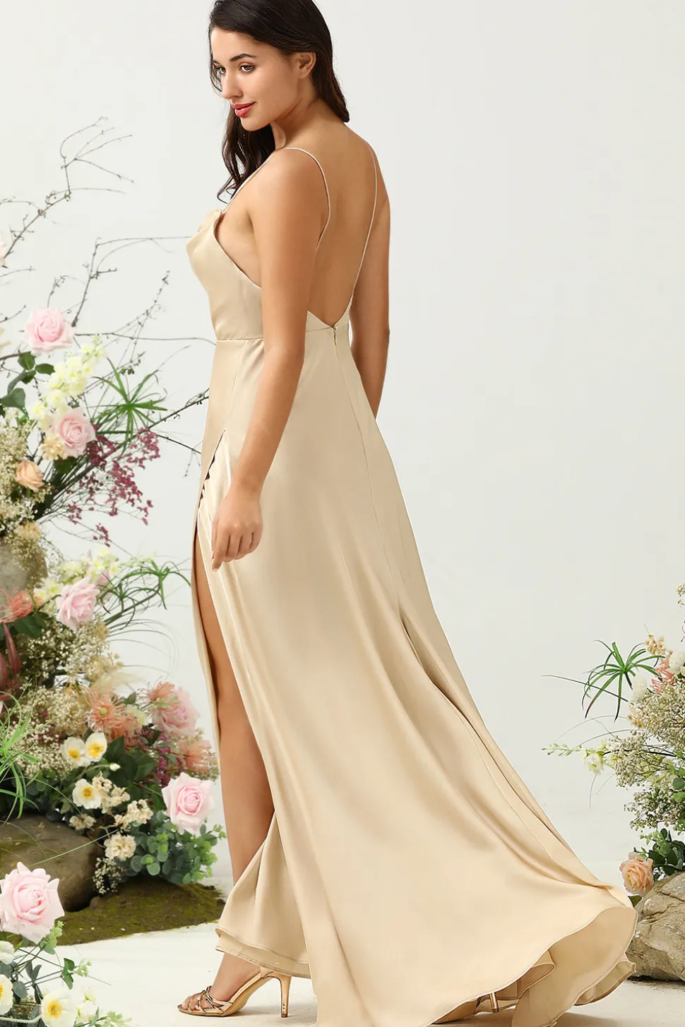 Cintas de Espaguete Champanhe Vestido de Dama de Honor