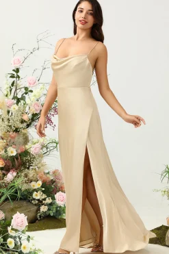 Cintas de Espaguete Champanhe Vestido de Dama de Honor