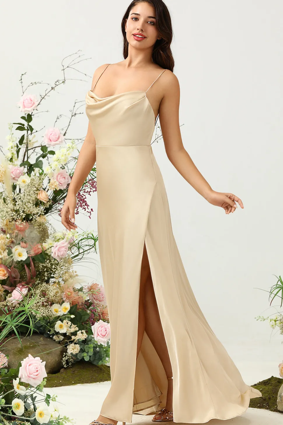Cintas de Espaguete Champanhe Vestido de Dama de Honor