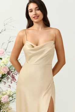 Cintas de Espaguete Champanhe Vestido de Dama de Honor
