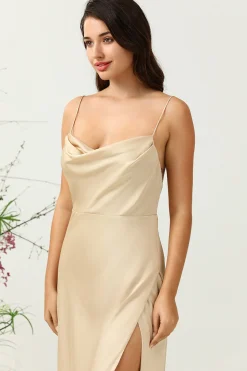 Cintas de Espaguete Champanhe Vestido de Dama de Honor