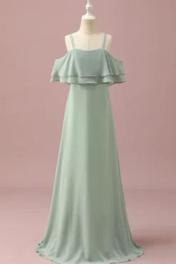 Cintas de Espaguete Chiffon Verde Vestido Dama de Honor Júnior