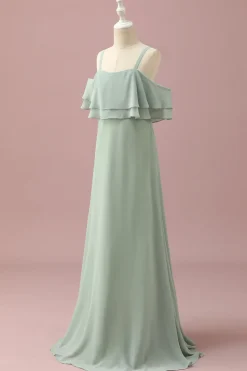 Cintas de Espaguete Chiffon Verde Vestido Dama de Honor Júnior