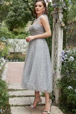 Cintas de espaguete cinza vestido de baile