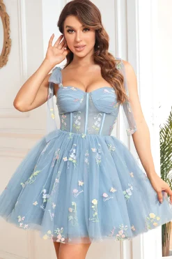 Cintas de Espaguete Cinza Azul Vestido Curto de Cocktail