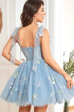 Cintas de Espaguete Cinza Azul Vestido Curto de Cocktail
