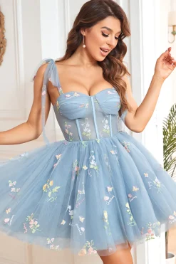 Cintas de Espaguete Cinza Azul Vestido Curto de Cocktail