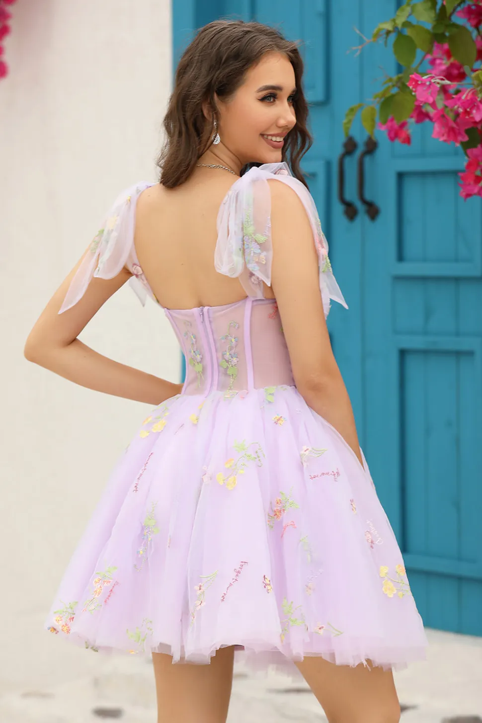 Cintas de Espaguete Cinza Azul Vestido Curto de Cocktail