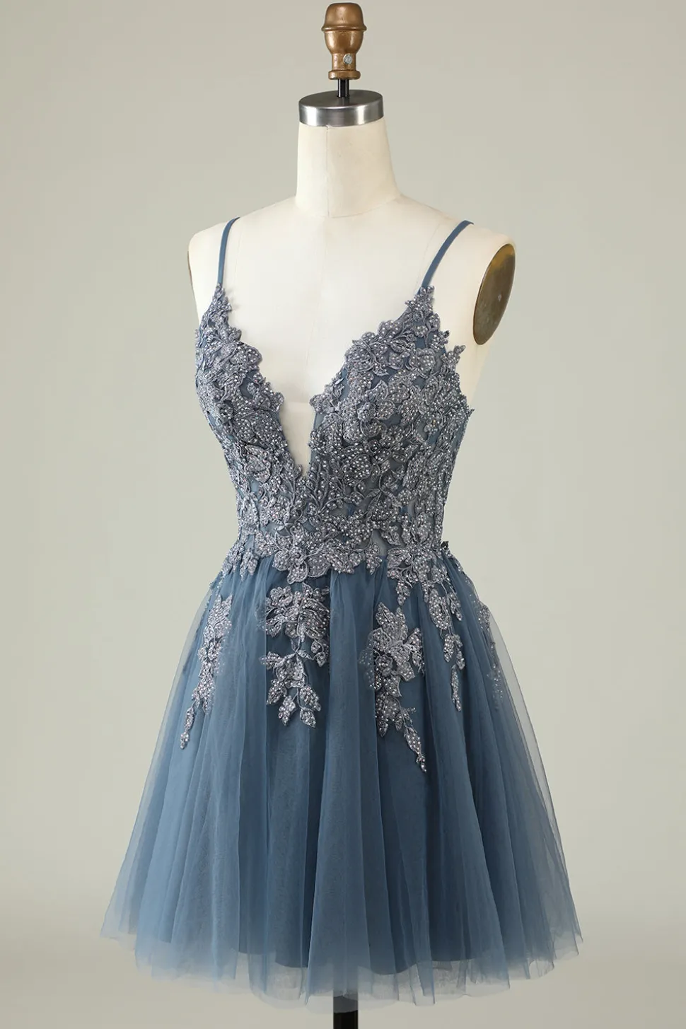 Cintas de Espaguete Cinza Azul Vestido Curto com Apliques