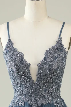 Cintas de Espaguete Cinza Azul Vestido Curto com Apliques