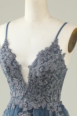 Cintas de Espaguete Cinza Azul Vestido Curto com Apliques