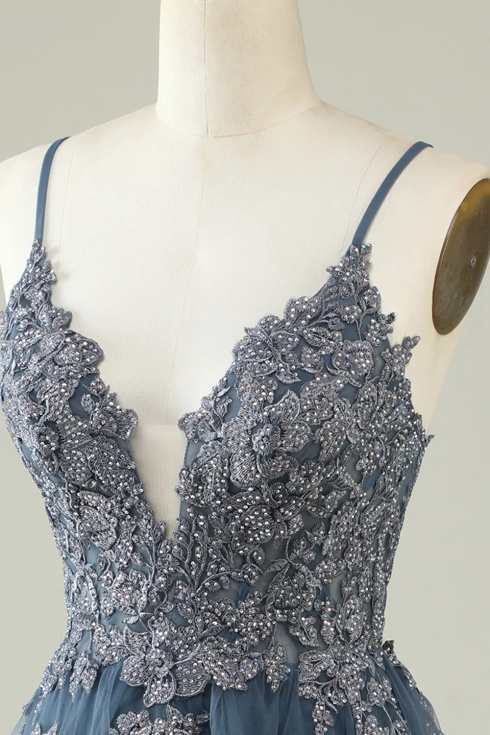 Cintas de Espaguete Cinza Azul Vestido Curto com Apliques
