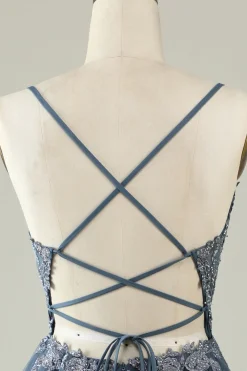 Cintas de Espaguete Cinza Azul Vestido Curto com Apliques