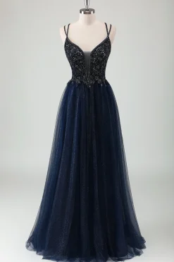 Cintas de Espaguete Marinho Brilhantes Um Vestido de Baile de Formatura Longo da Linha com Sequins
