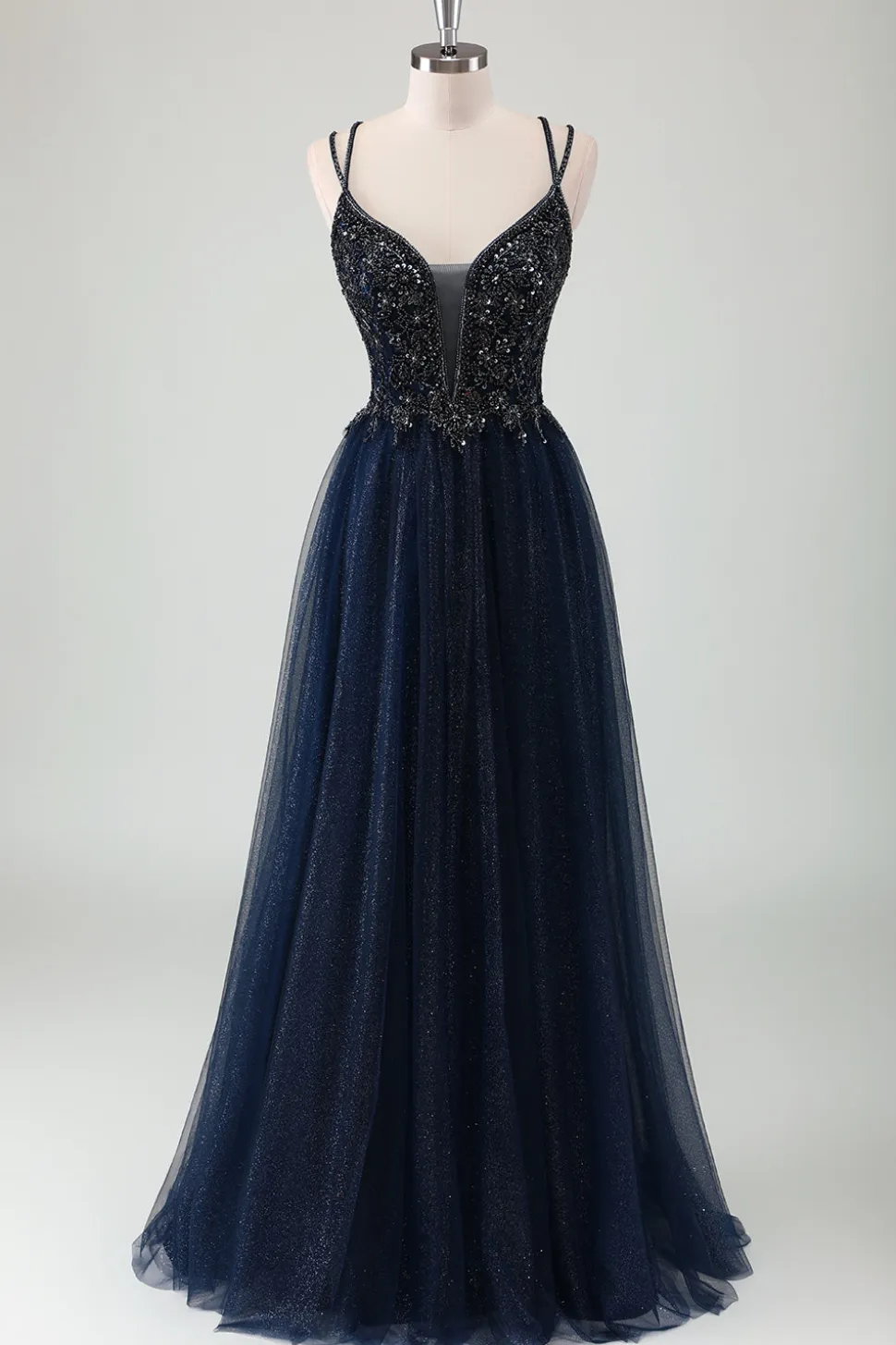 Cintas de Espaguete Marinho Brilhantes Um Vestido de Baile de Formatura Longo da Linha com Sequins