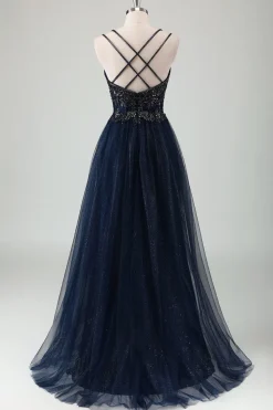 Cintas de Espaguete Marinho Brilhantes Um Vestido de Baile de Formatura Longo da Linha com Sequins
