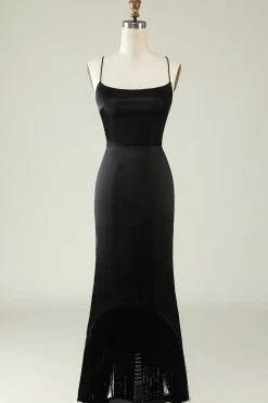 Cintas de Espaguete Preto Cetim Vestido de Festa com Franjas