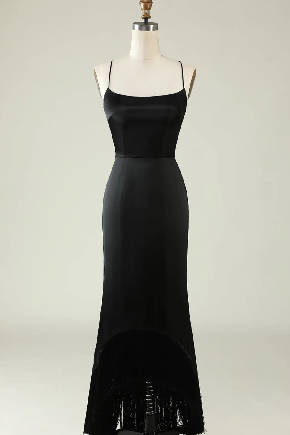 Cintas de Espaguete Preto Cetim Vestido de Festa com Franjas