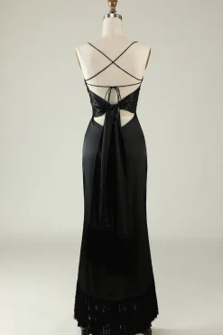 Cintas de Espaguete Preto Cetim Vestido de Festa com Franjas