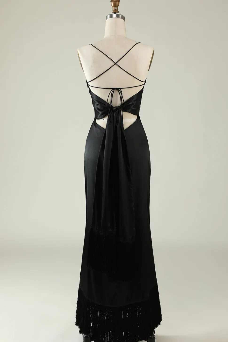 Cintas de Espaguete Preto Cetim Vestido de Festa com Franjas