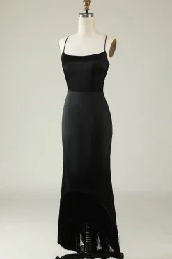 Cintas de Espaguete Preto Cetim Vestido de Festa com Franjas