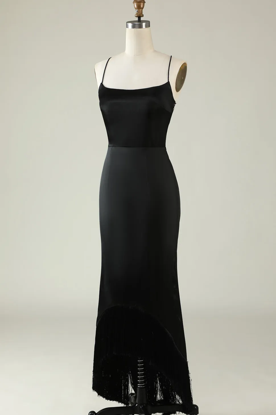 Cintas de Espaguete Preto Cetim Vestido de Festa com Franjas
