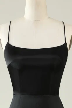 Cintas de Espaguete Preto Cetim Vestido de Festa com Franjas