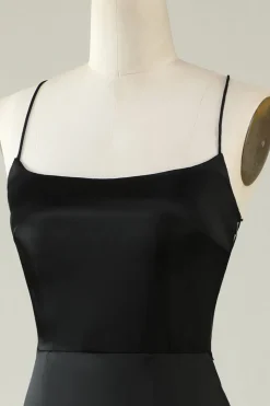 Cintas de Espaguete Preto Cetim Vestido de Festa com Franjas