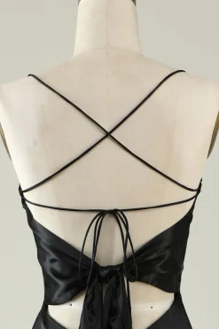 Cintas de Espaguete Preto Cetim Vestido de Festa com Franjas